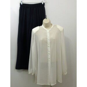 2 Piece Pants Set Sz M/L White Long Sleeve Semi Sheer Tunic Top Navy Lined Pants